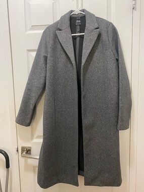 Zara Long Grey Wool-Blend Open Front Coat